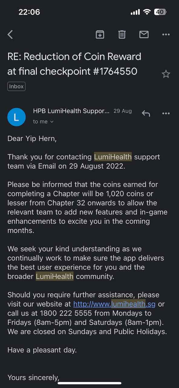 Reduction Of Awarded LumiHealth Coins Email