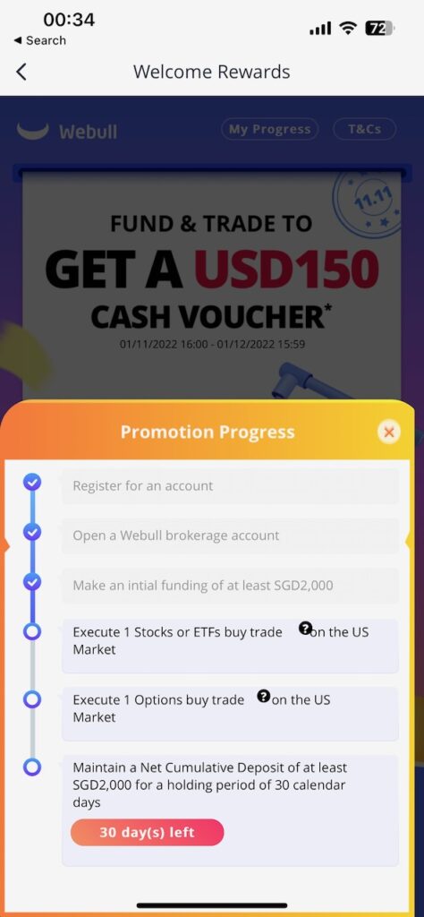 WeBull Welcome Rewards Progress Page