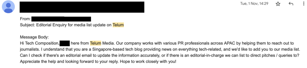 Email From Telum PR Rep